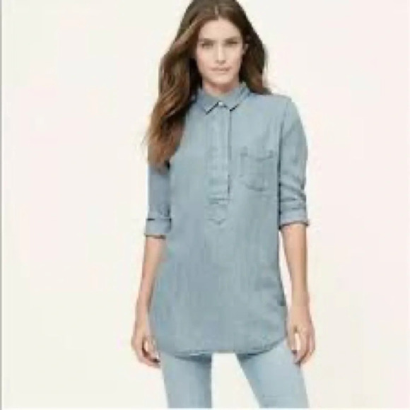 NWT Loft Size Medium Softened Blue Chambray Popover Shirt Long Sleeved Gray Knit - Picture 2 of 7